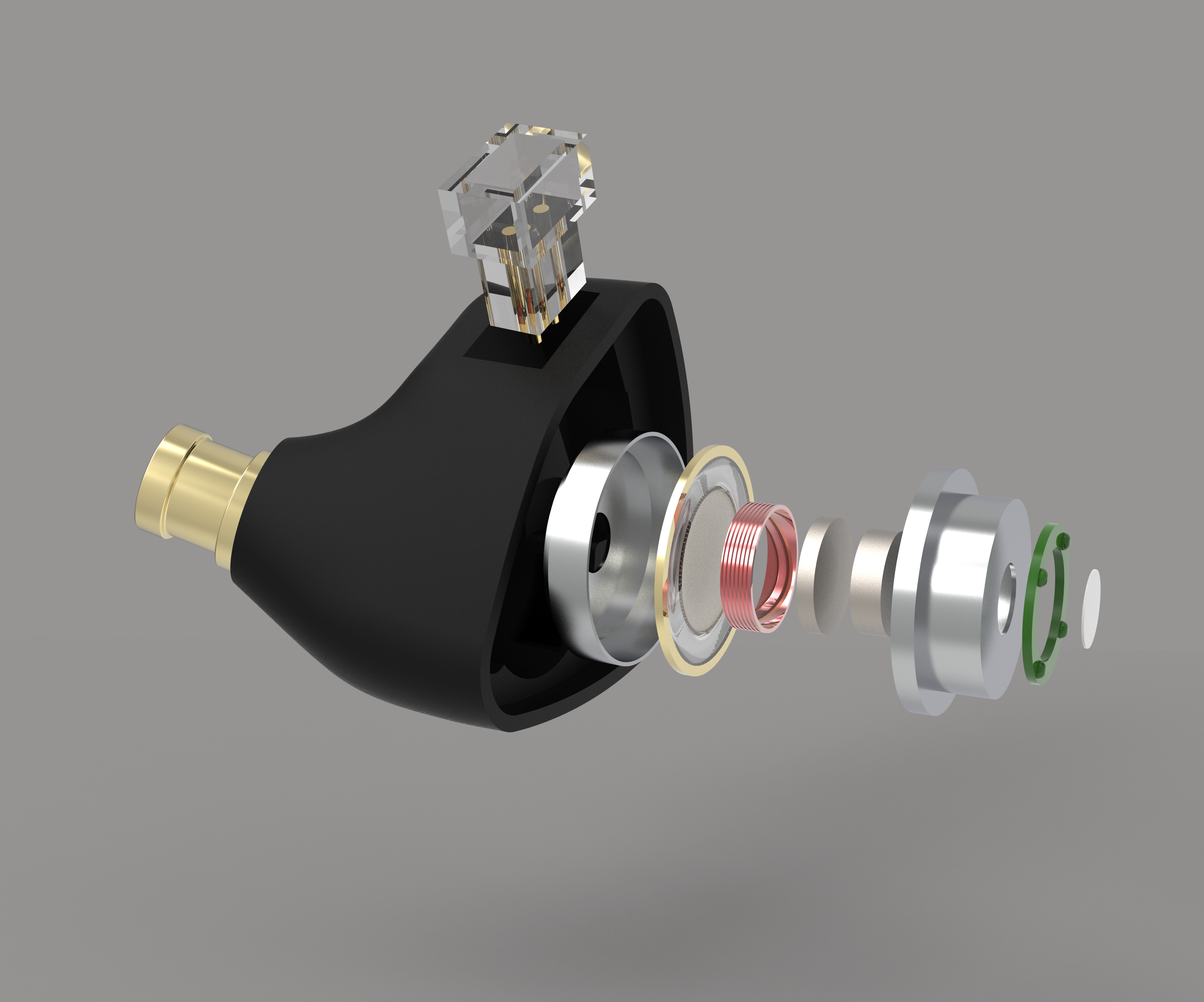 Disassembled Azuri earbud with visible components on a gray background
