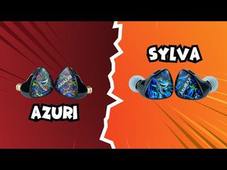 Two pairs of earbuds labeled 'Azuri' and 'Sylva' on a split background.