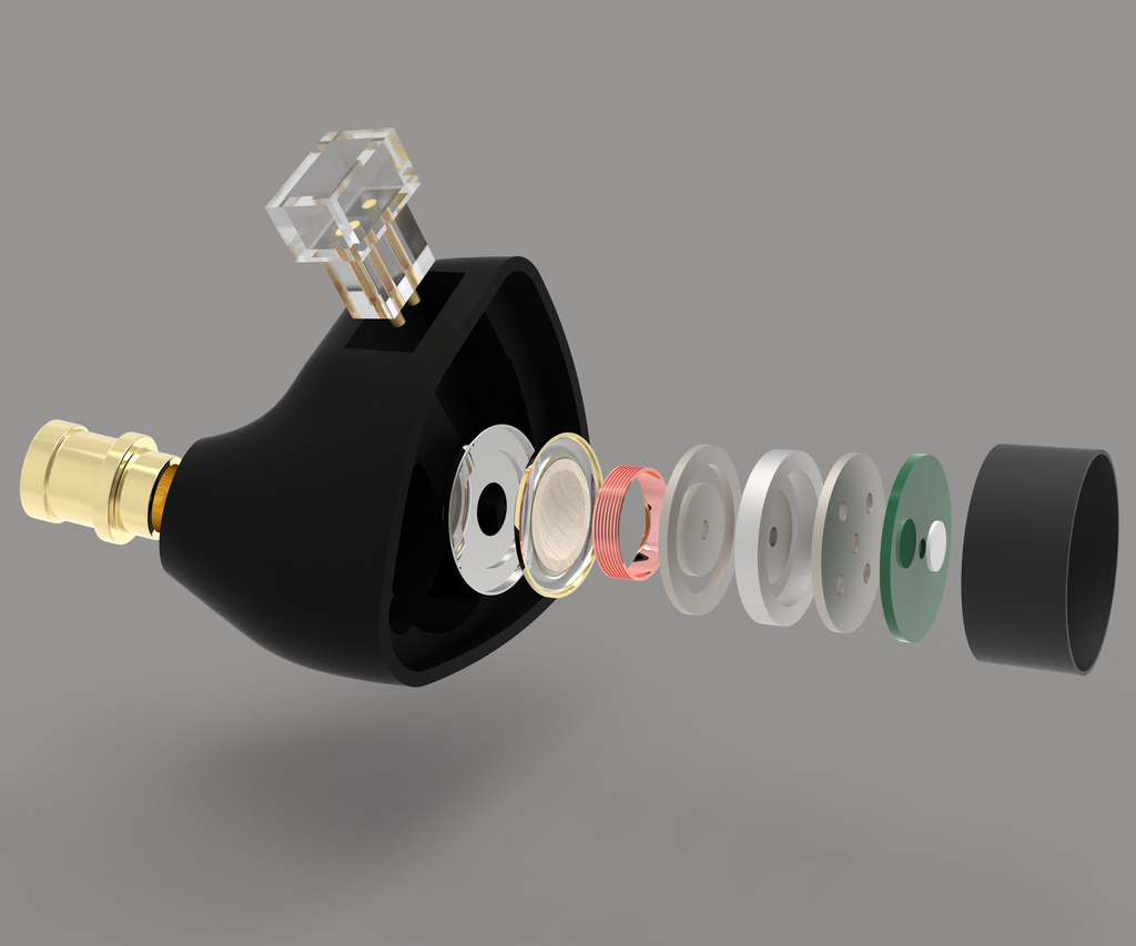 Exploded view of the Sylva earbud showing internal acoustic architecture